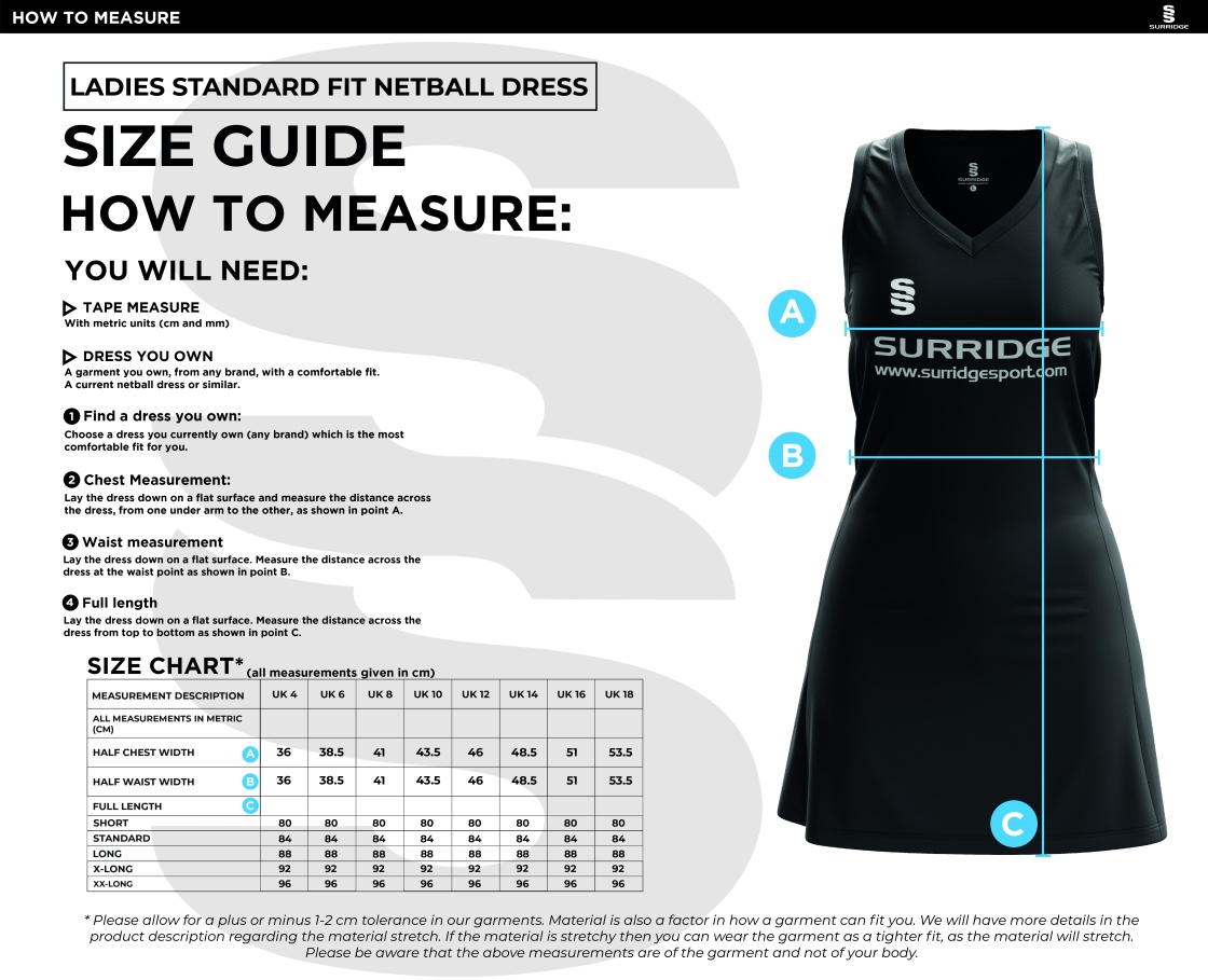 NETBALL DRESS WOMENS RACER BACK - ELITE LINE - Size Guide